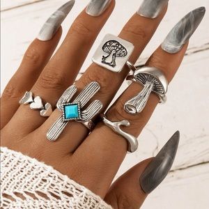 NWT 5 pc western ring set mushroom cactus heart turquoise wave-you need this!